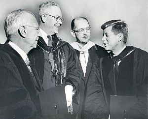 January 1957: JFK with University of Illinois officials in Champaign where he gave a commencement address.
