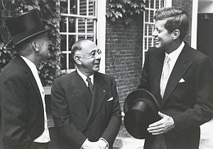 1959: JFK attends Harvard commencement as a member of Harvard’s Board of Overseers. He is talking with Harvard Treasurer, Paul C. Cabot (in top hat) and Sidney Weinberg, senior partner at Goldman Sachs, who received an honorary degree that day.