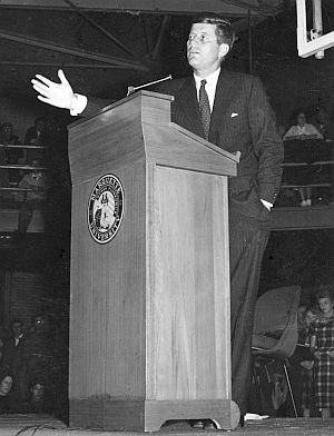 Nov 13, 1959: Senator John F. Kennedy addressing an audience at Marquette University, Milwaukee, WI.