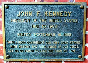 John F. Kennedy marker at Ohio University, Athens, Ohio, commemorating JFK’s visit there, September 18, 1959, quoting from his speech: "With a good conscience our only sure reward, with history the final judge of our deeds, let us go forth to lead the land we love..."