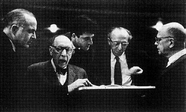 Composers' Row: From left, Samuel Barber, Igor Stravinsky, Lukas Foss, Aaron Copland and Roger Sessions – all assembled, it is believed, in honor of Stravinsky at New York City’s Town Hall on December 20, 1959.