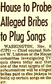 Nov 1959: Newspaper headline from story on payola hearings.