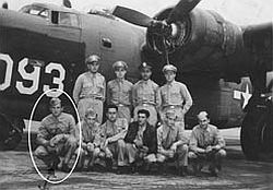Chuck Bednarik, circled above and enlarged below, in WWII-era photo with his B-24 crew.