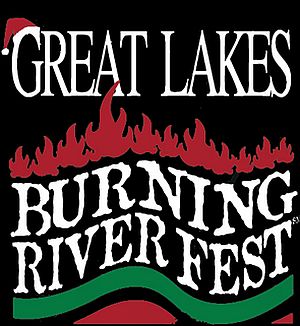 Logo/poster for the Burning River Fest, held every summer at Whiskey Island on the Cuyahoga River at Cleveland, Ohio, the proceeds from which help benefit environmental work.