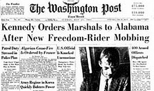 May 21, 1961: Washington Post runs “marshals-to-Alabama” front-page story on violence in Montgomery, along with photo of bloodied Freedom Rider, Jim Swerg