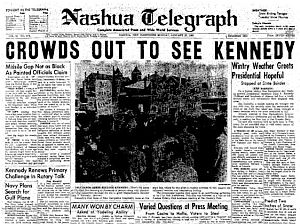 Jan 25, 1960: Nashua Telegraph headlines suggest a favorable showing in New Hampshire after JFK and wife Jackie visited the state in January.