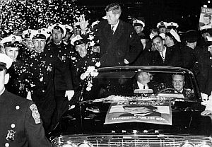Nov 7, 1960: JFK coming into Boston with a police escort after days of campaigning throughout New England. He would make a final campaign speech at the Boston Garden and another on national TV, ending his campaign.
