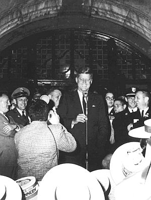 Oct 14, 1960: Just before 2:00 a.m., thousands of students at the Univ. of Michigan greet JFK on the steps of the Michigan Union to hear his call for a “Peace Corps.”