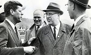 Feb 8, 1960: JFK arriving in Roseburg, Oregon, where he is met by a local delegation that includes Edward Murphy (c), his Douglas County campaign manager, and State Rep. W.O. Kelsey (r). Photo, The Oregonian.