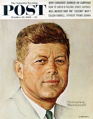 A Norman Rockwell portrait of JFK appeared on the cover of the ‘Saturday Evening Post’ of Oct 29, 1960 – the Post then being one of the nation’s largest circulation magazines, and Rockwell, one of America’s most famous illustrators and portrait artists. He also did Nixon's. Click for copy.