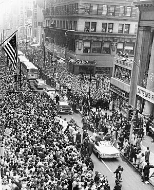 Oct 31: JFK campaigns in downtown Philadelphia, PA near Citizens for Kennedy-Johnson hdqtrs, 1431 Chestnut St. Photo, Evening Bulletin/Temple Univ.