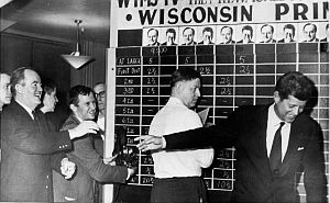 April 5th, 1960: Sen. Hubert Humphrey and JFK enjoy a moment of friendly banter during tabulation of the West Virginia primary election returns, which JFK would win.