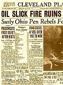 From ‘Cleveland Plain Dealer’ front page of November 1952 telling of ‘oil slick fire’ on Cuyahoga River.