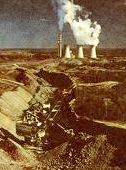 Peabody strip mine operation in foreground supplying coal to Paradise, KY powerplant, 1970s.