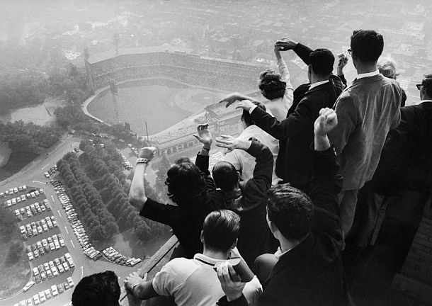 October 13th, 1960: Students at the University of Pittsburgh’s  Cathedral of Learning had a special perspective on  Forbes Field below as they cheered the Pirates during Game 7 of the World Series. Photo, George Silk/Life. Click for related photo.