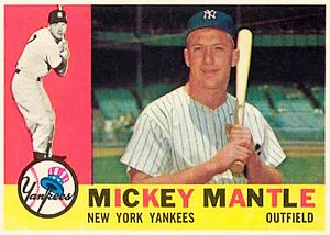 1960 Topps trading card for Mickey Mantle who hit a torrid .400 in the 1960 World Series, going 10 for 25 with 1 double, 3 homers, 8 runs scored, and 11 RBIs. Click for MM cards.