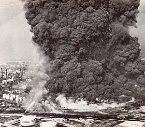 Another aerial photo of the August 1955 Standard Oil refinery fire at Whiting, Indiana taken from a different perspective.