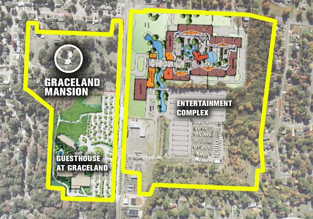 2015: Although it took time to advance from the earlier property acquisitions of Elvis Presley Enterprises and the vision  Robert Sillerman’s CKX in 2005, expansion plans for the Graceland area, with a new hotel – “Guesthouse at Graceland” (lower left) – and an “Entertainment Complex,” have moved forward, collecting state and local approvals.
