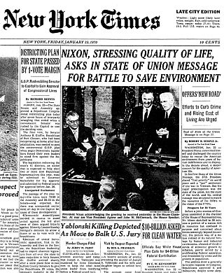 January 22nd, 1970: President Richard Nixon’s “State of the Union” speech, stressing “battle to save the environment,” garners front-page headline in the New York Times.
