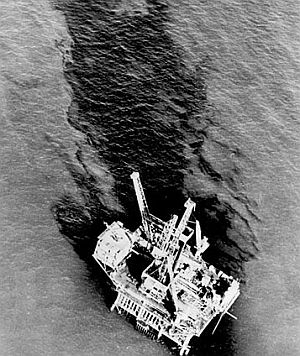 1969: Aerial photo of Union Oil rig after the blowout. Eventually, an 800-square-mile slick formed.