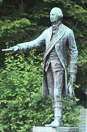 Statue at Waterford, PA depicting George Washington delivering letter to the French at Fort Le Boeuf.