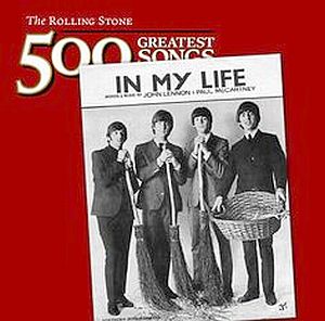 Graphic showing Beatles sheet music cover for “In My Life” overlaid on a Rolling Stone “Greatest Songs” logo.