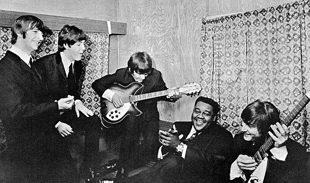 1964: Fats Domino with the Beatles – from left, Ringo Starr, Paul McCartney, George Harrison, Fats Domino and John Lennon – having a little jam session...