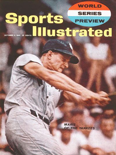 October 2, 1961.  Cover of Sports Illustrated magazine featuring Roger Maris hitting one of his late-season, record home runs, with full story by Roger Kahn, â€œPursuit of No. 60: The Ordeal of Roger Marisâ€. 