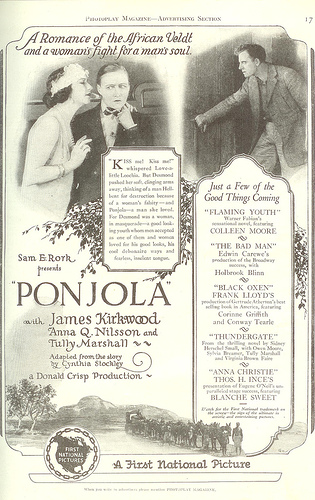 Advertisement in Photoplay magazine for the 1923 movie 'Ponjola' with Anna Q. Nilsson. Click for related book by Cynthia Stockley.