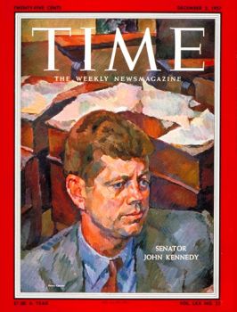 Kennedy featured on Time cover, Dec 2, 1957, with cover story, 'Democrat's Man Out Front'.