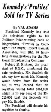 Front-page New York Times story on the sale of JKF book for TV series, June 10, 1963.