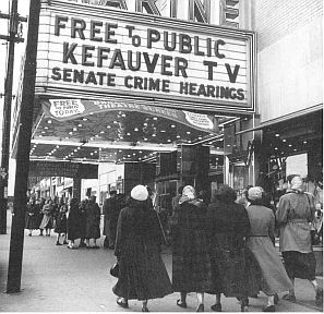 An estimated 30 million Americans watched the 'Kefauver hearings' in 1950-51, some in movie theaters like this one.  (Photo - M. Rougier/Life).