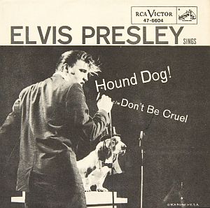 Actual RCA record sleeve for “Hound Dog/ Don’t Be Cruel” single of July 1956, with Alfred Wertheimer photo of Elvis singing to a hound dog on ‘The Steve Allen Show’ of July 1st.