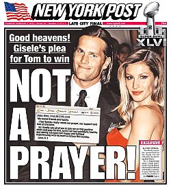 February 2, 2012: New York Post front page on Gisele Bündchen’s Super Bowl e-mail note.