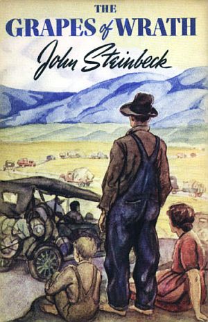 Cover art for 1939 hardback edition of “The Grapes of Wrath,” published by Viking Press, New York. Cover illustration by Elmer Hader. Click for 75th anniversary edition.
