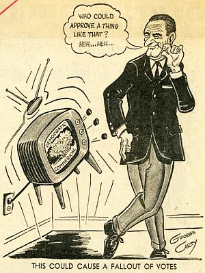 October 20, 1964: Editorial cartoon on LBJ’s Daisy Girl TV ad by George Carey of the “Valley Times” (Los Angeles), made during the Goldwater morals film flap.