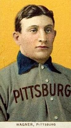 Close-up of 1909 trading card showing a young Honus Wagner of the Pittsburgh Baseball Club.