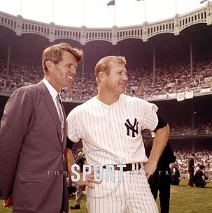 Mickey Mantle with U.S. Senator Robert F. Kennedy (D-NY) on Sept 18, 1965, ‘Mickey Mantle Day,’ when Mantle played his 2,000th game. Photo, Martin Blumenthal, SPORT magazine.