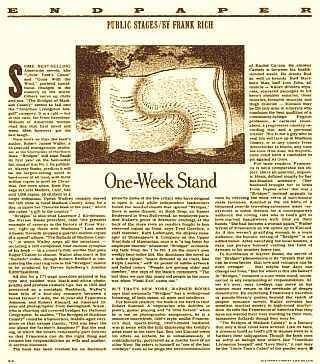 July 26, 1993. New York Times Magazine full-page critique of "Bridges" from The Times' drama critic, Frank Rich.
