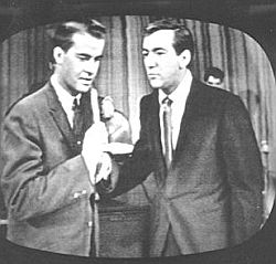Screen shot from "American Bandstand" TV show with Dick Clark, left, and guest Bobby Darin, possibly late 1950s. Click for Bandstand story.
