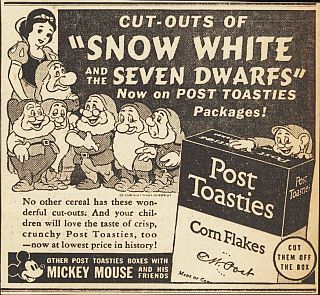 1938 newspaper ad for Snow White & The Seven Dwarfs cut-outs on “Post Toasties” cereal box.