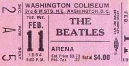 Ticket stub to Beatles' first live American concert in Washington, D.C., February 11th, 1964.