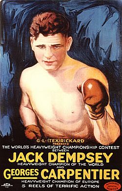 1921 poster announcing filmed newsreels of the Jack Dempsey-Georges Carpenteir boxing match.
