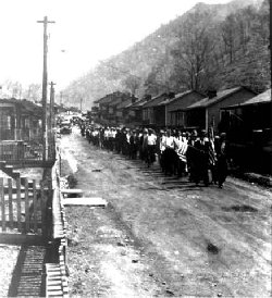 Coal mining town of Dehue, West Virginia showing a 1934 labor march.