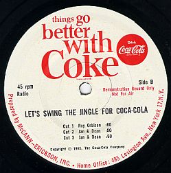 Sample label from 1965 advertising recording of Coca-Cola jingles produced by ad agency McCann-Erickson featuring artists Roy Orbison and Jan & Dean