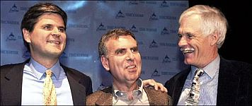 January 2000:  Steve Case, Gerald Levin and Ted Turner at announcement of the AOL/Time-Warner merger.