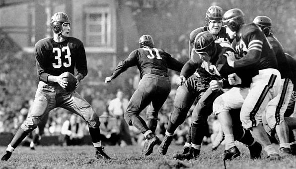 Sammy Baugh, quarterback for the Washington Redskins, in action during a 1942  game vs. the Chicago Bears.