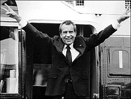Nixon’s departing ‘victory’ salute as he leaves the White House by helicopter after his 1974 resignation as President.