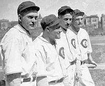 The A’s faced the Chicago Cubs in the 1929 World Series, including from left: Rogers Hornsby, Hack Wilson, Kiki Cuyler, and Riggs Stephenson, shown at Wrigley Field. 