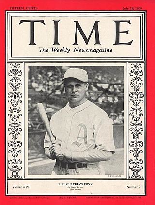 Jimmie Foxx, 21 year-old baseball star of the Philadelphia Athletics, featured on Time magazine cover, July 29, 1929. Click for collectible copy.